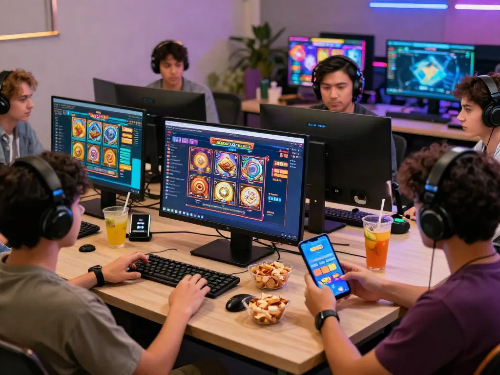 Players enjoying situs gacor on multiple devices with vibrant graphics and snacks in a cozy gaming setup.
