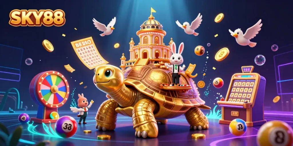 Winning big with SKY88 in an engaging casino scene filled with vibrant games and characters.