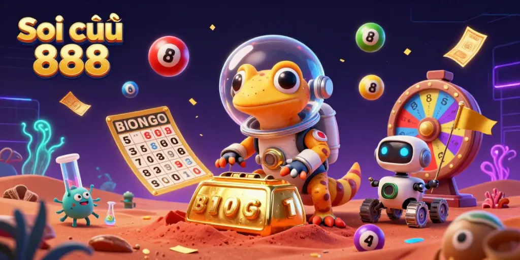 Soi cầu 888 showcasing a Martian gecko uncovering a golden casino amidst vibrant lottery elements.