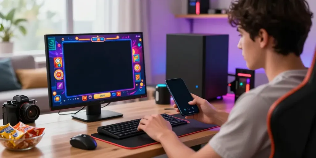 Engaging mobile gaming scene featuring a user interacting with a Situs gacor app on a smartphone in a vibrant gaming setup.