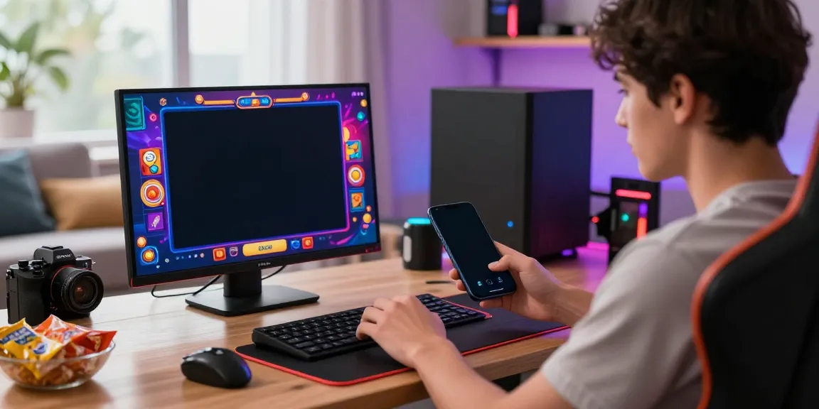 Engaging mobile gaming scene featuring a user interacting with a Situs gacor app on a smartphone in a vibrant gaming setup.