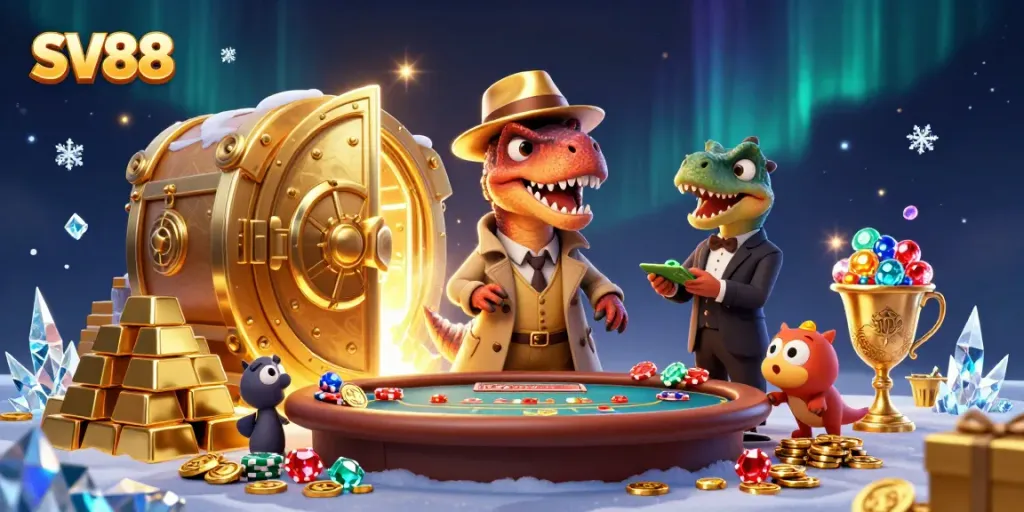 SV88 cartoon velociraptor card counter at a blackjack table, rich with casino elements.