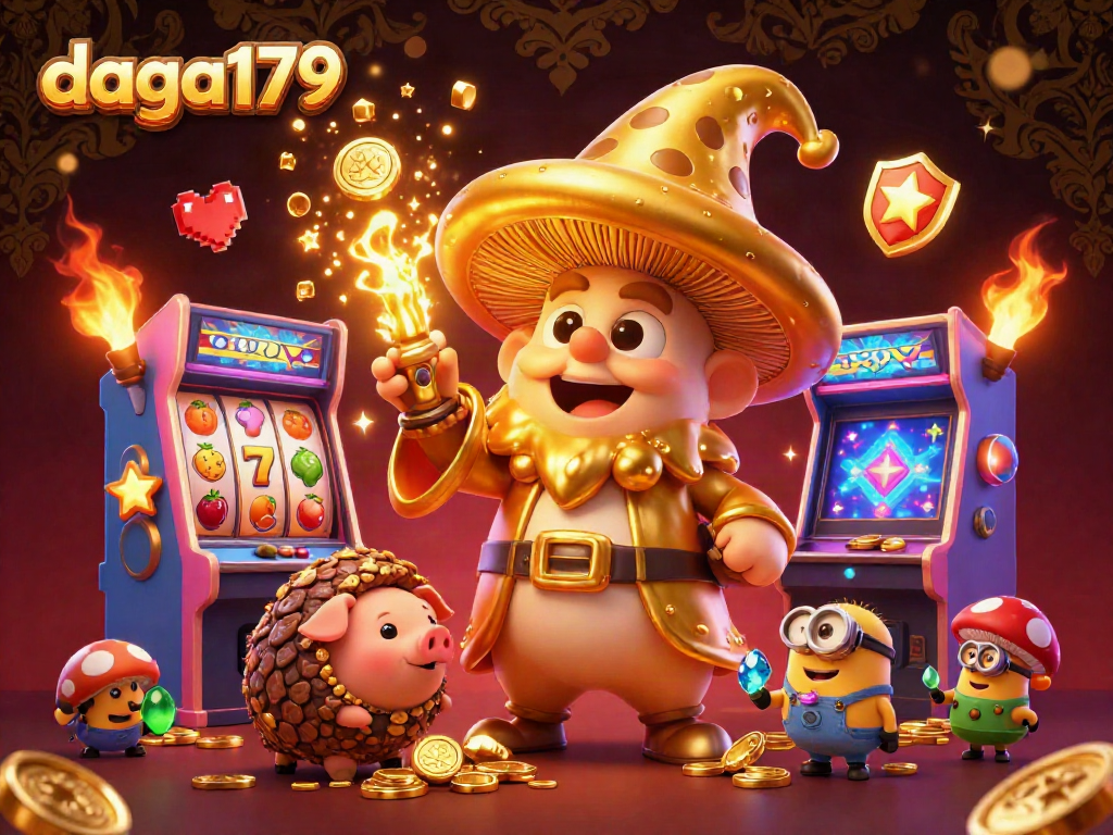 daga179 slots adventure with a golden wizard and treasure hunting in a packed casino scene.