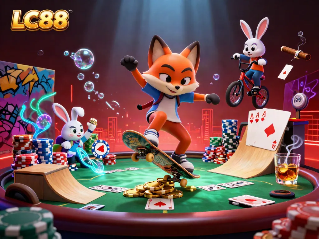 LC88 showcases a vibrant scene of a fox and rabbit engaging in casino-themed tricks.