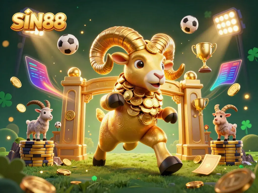SIN88 showcases a vibrant 3D cartoon illustration of a golden ram charging through a gaming scene filled with sports and betting elements.