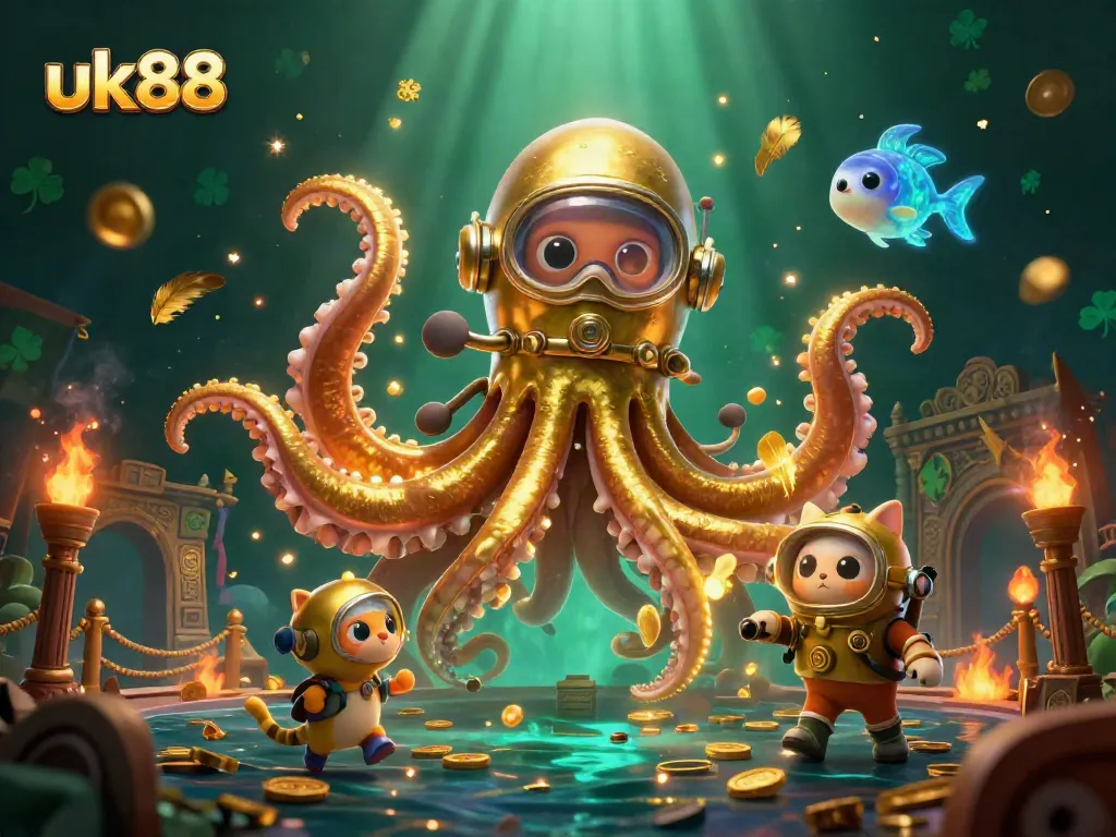 Experience thrilling action at uk88 with a massive kraken, diving cat, and vibrant underwater elements.