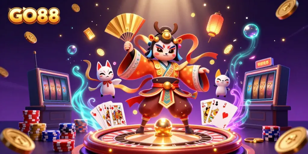 Experience winning moments with GO88 in an immersive cartoon casino scene.
