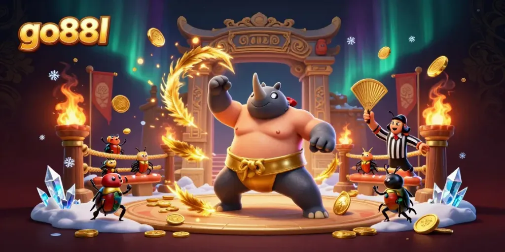Witness the energetic depiction of go88l's casino charm with dynamic characters and gold coins in action.