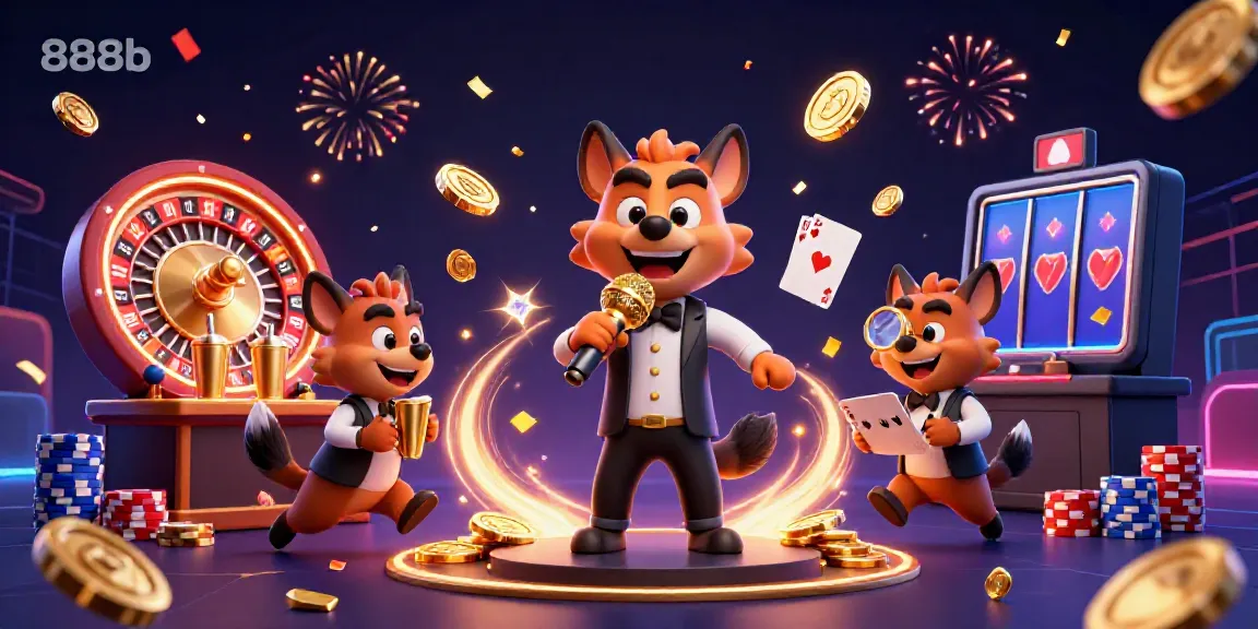 Engage with exciting comedy moments at 888b casino with a stand-up hyena and dazzling gaming elements.