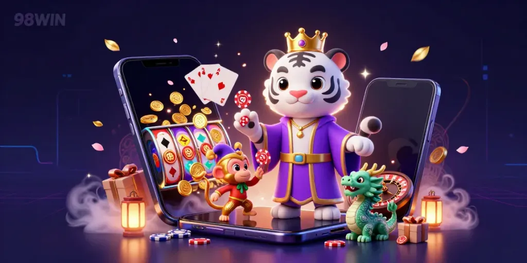 Experience the excitement of 98WIN with a captivating illustration of a regal tiger and playful elements in a casino setting.