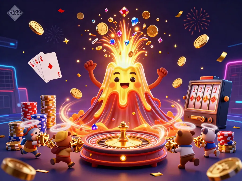 Experience thrilling moments at ck44 with a golden volcano erupting treasure, emblematic of its vibrant casino gameplay.