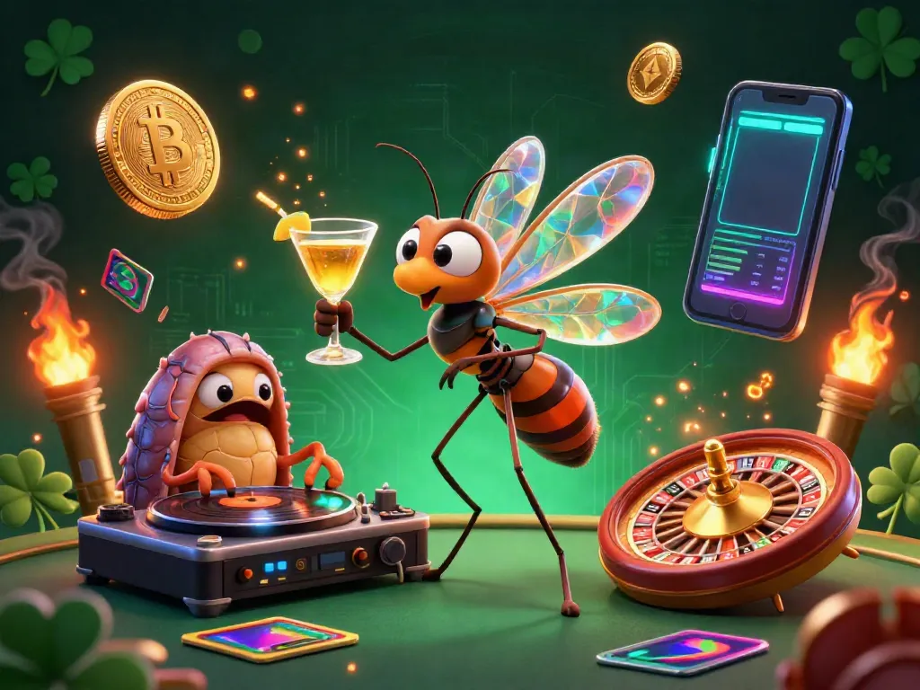 Engage in slot gacor with a vibrant scene featuring a frozen mosquito mascot, trilobite DJ, and golden roulette wheel.