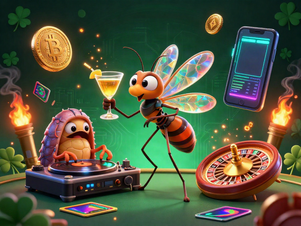 Engage in slot gacor with a vibrant scene featuring a frozen mosquito mascot, trilobite DJ, and golden roulette wheel.
