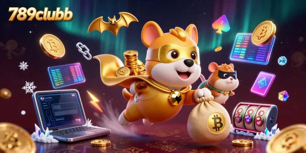 Experience exciting gameplay at 789clubb with a superhero dog and hamster soaring amidst vibrant casino elements.