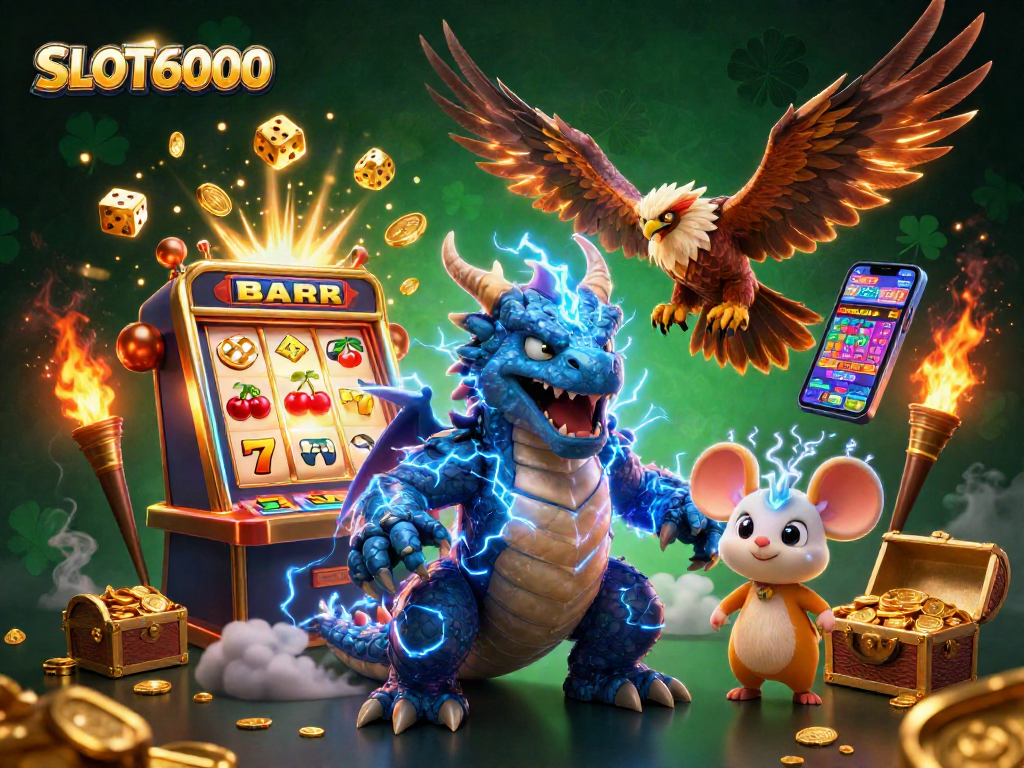 Explore thrilling gameplay with SLOT6000 as a thunder dragon, wind hawk, and mouse celebrate a jackpot!