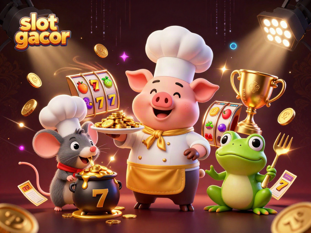 Experience slot gacor excitement with a whimsical chef pig serving gold coins amidst vibrant casino elements.