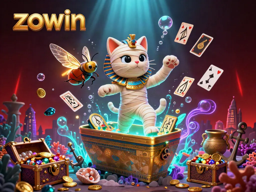 Play exciting games at zowin, featuring a cartoon mummy cat and golden treasures in a vibrant casino scene.