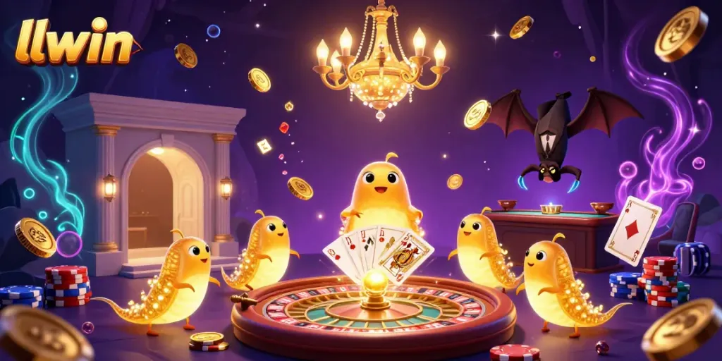 Experience the excitement of llwin with glowing glowworms lighting a vibrant casino scene and a bat dealer at play.