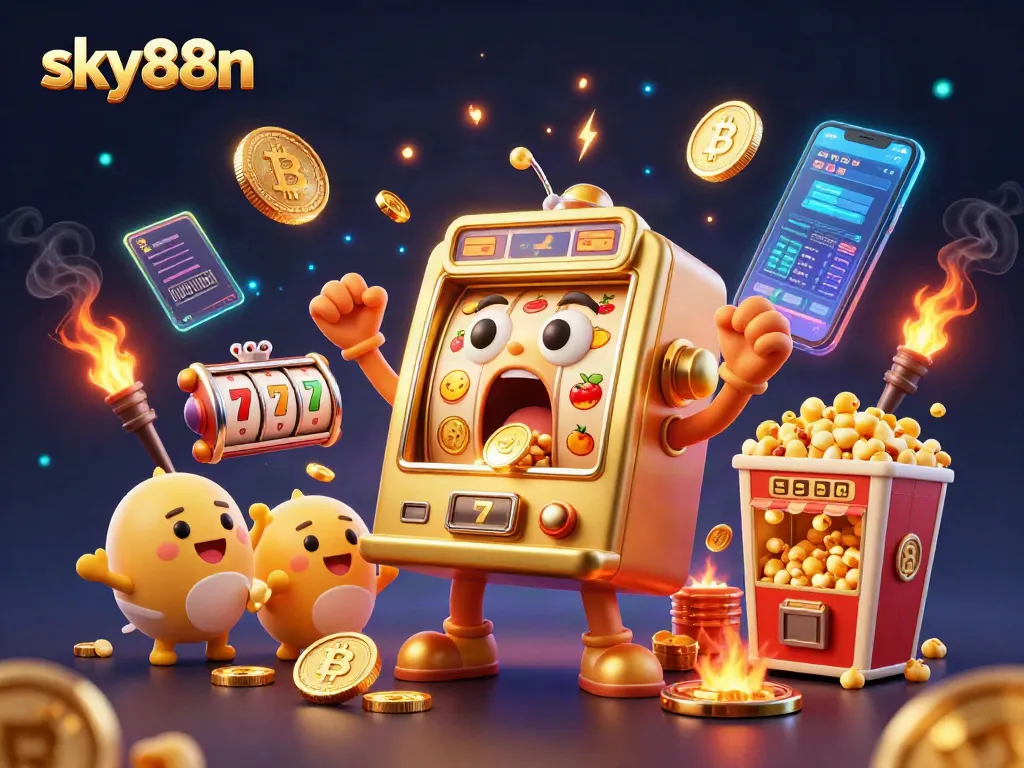 Experience the thrill of slots with sky88n's interactive jackpot scene featuring lively characters and crypto elements.