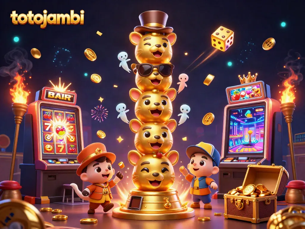 Experience the excitement of totojambi with a vibrant, dynamic casino illustration featuring a golden totem and slot machines.