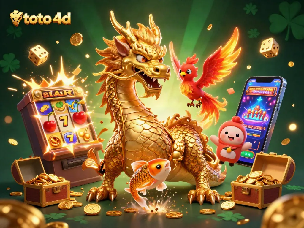 Menggunakan strategi toto 4d dengan ikon naga emas, phoenix, dan ikan koi dalam ilustrasi menarik.