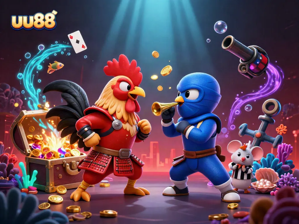 Engage in dynamic gameplay at uu88 with twin cartoon roosters, vibrant treasures and casino elements.