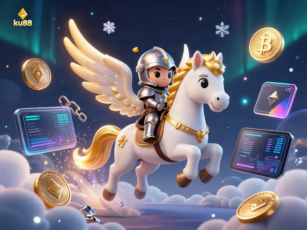 Engage in exciting gaming with ku88 featuring a celestial white horse, cryptocurrency symbols, and vibrant cosmic elements.
