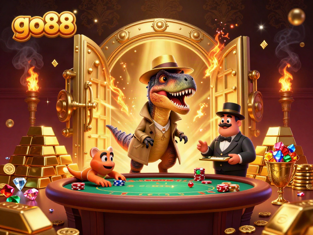 Velociraptor card counter at blackjack table with golden elements, capturing go88 excitement.