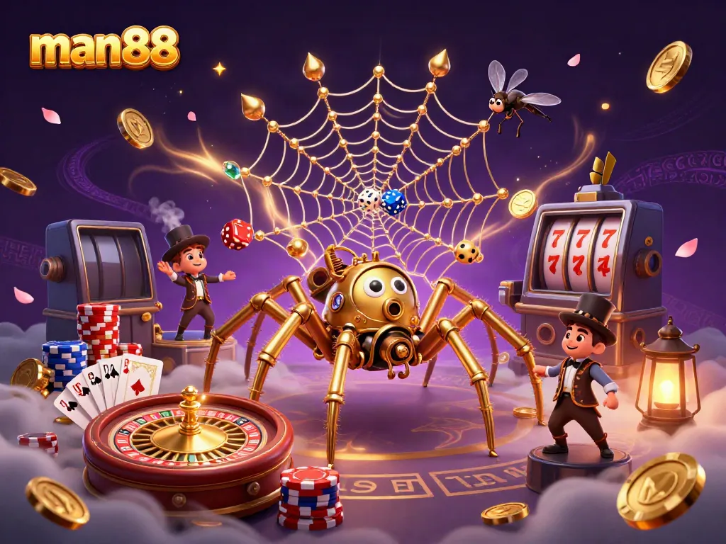 Win big at man88 with interactive gaming visuals showcasing 3D characters and casino elements.