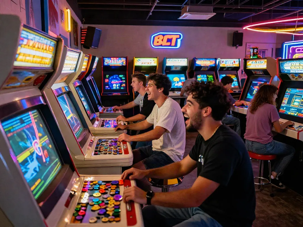 Players enjoying classic arcade games at PECAH404, filled with retro ambiance and vibrant colors.