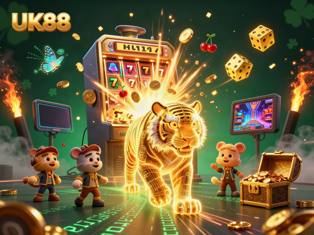 Experience the thrill of UK88's casino with a golden tiger and bursting jackpot in this vibrant digital scene.