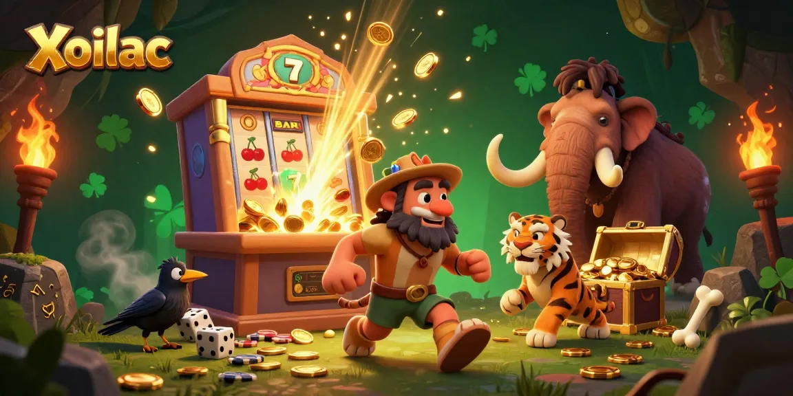 Xoilac showcases cartoon cavemen and a sabertooth tiger in a vibrant casino scene, celebrating a jackpot.