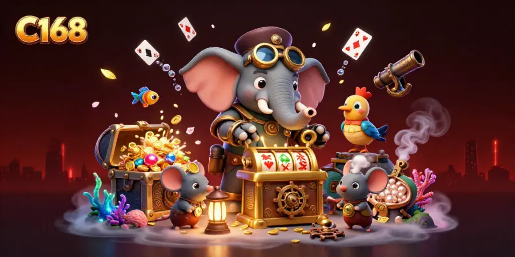 Experience the thrill of C168 with steampunk characters amidst dynamic casino elements.