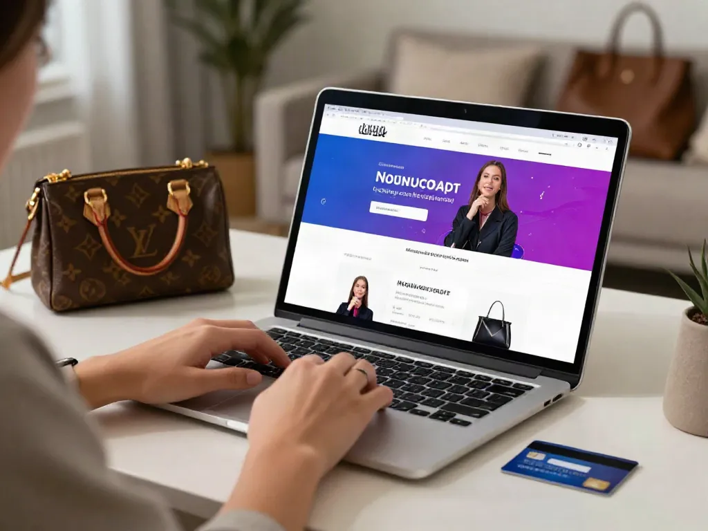 Online shopping scene showcasing Prime reps luxury bags on e-commerce platform.