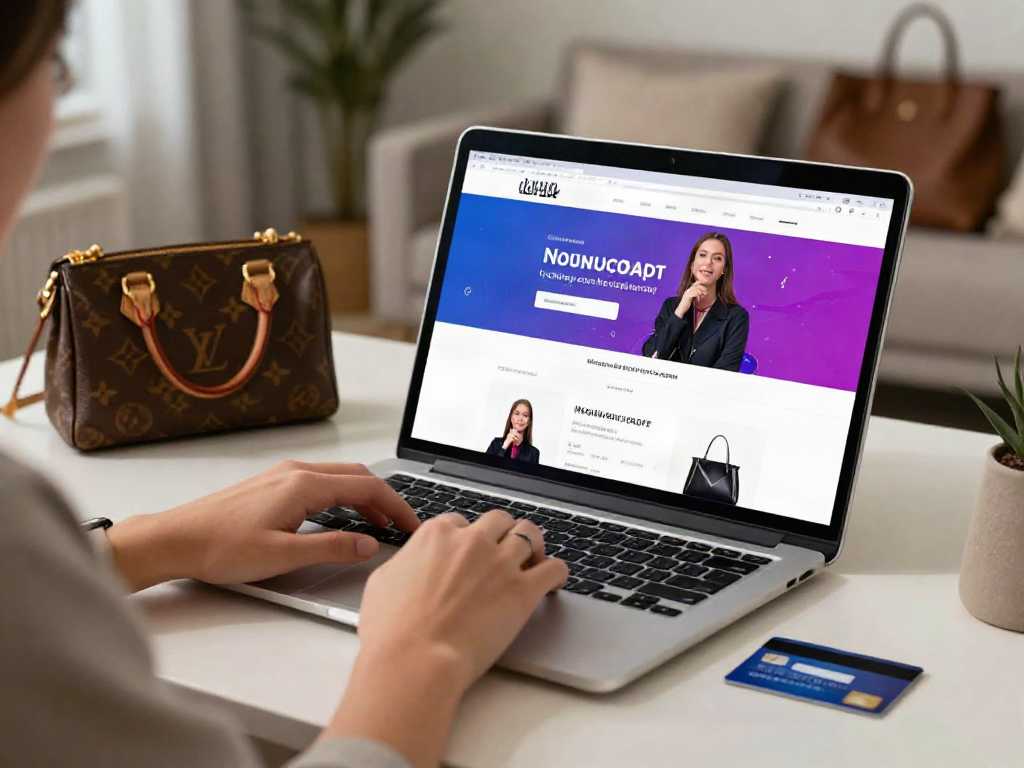 Online shopping scene showcasing Prime reps luxury bags on e-commerce platform.
