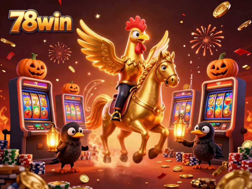 Experience the thrill of 78win with a lively casino scene showcasing slot machines and vibrant characters.