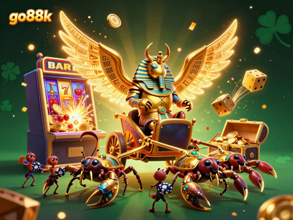Experience go88k's exciting gameplay with a vibrant scene featuring a golden scarab, slot machine, and poker chips.