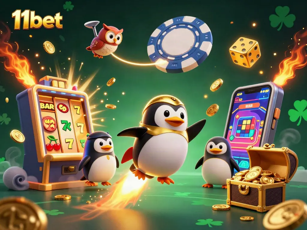 Play the exciting 11bet games with a dynamic illustration of slots and golden symbols glowing.