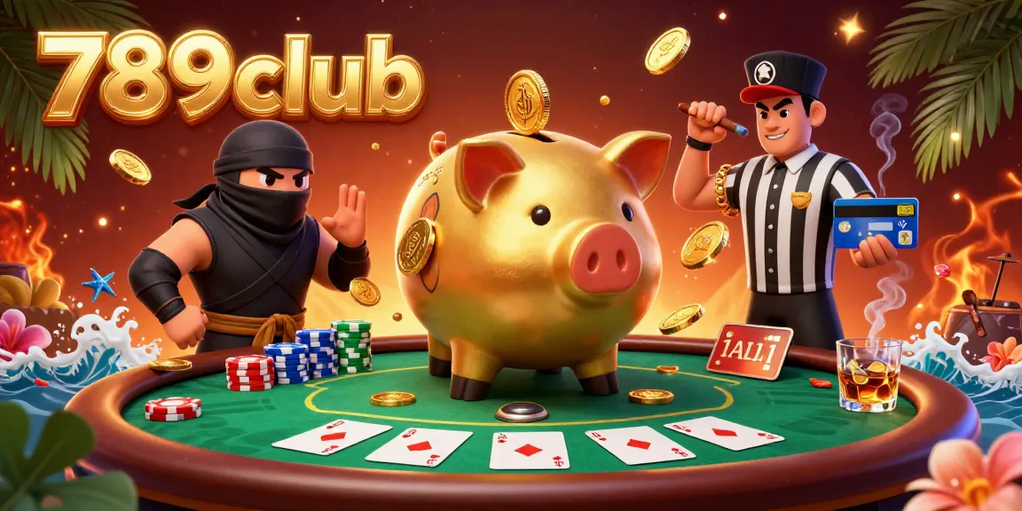 Experience the excitement of 789club with a golden piggy bank sumo wrestler and dynamic poker scene.