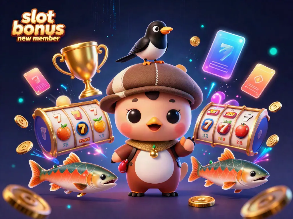 Engage with slot bonus new member promotions featuring 3D cartoon characters in a vibrant casino setting.