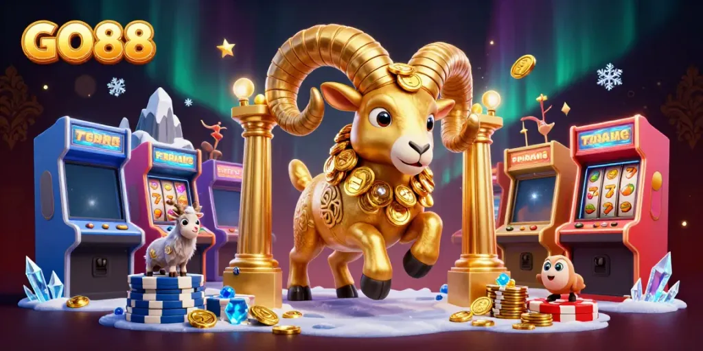 Engage in thrilling games at GO88, with a scene showcasing a dynamic golden ram and vibrant casino themes.