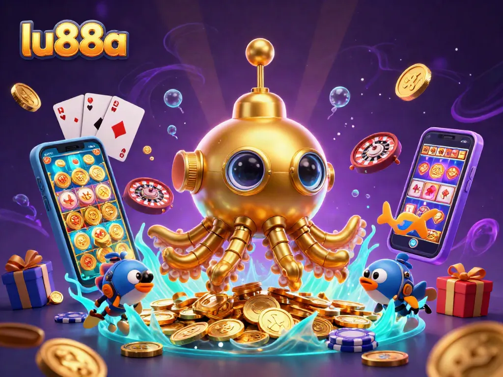 Experience gaming thrills at lu88a with a cartoon golden kraken submarine amidst golden coins and animated game elements.