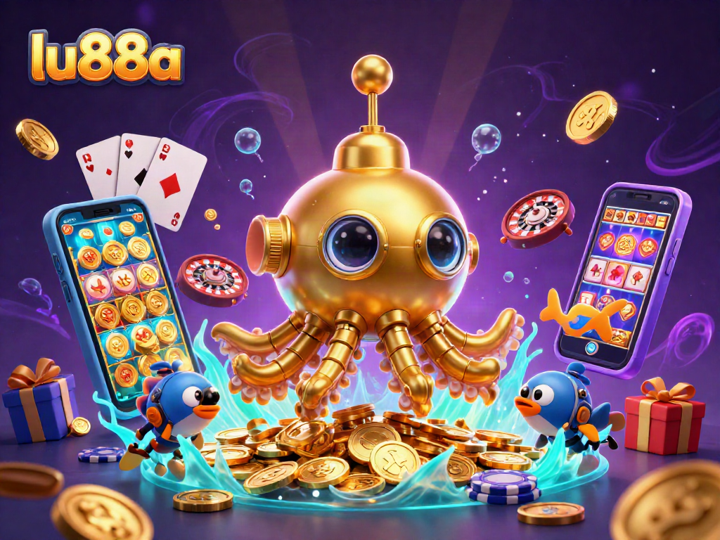 Experience gaming thrills at lu88a with a cartoon golden kraken submarine amidst golden coins and animated game elements.