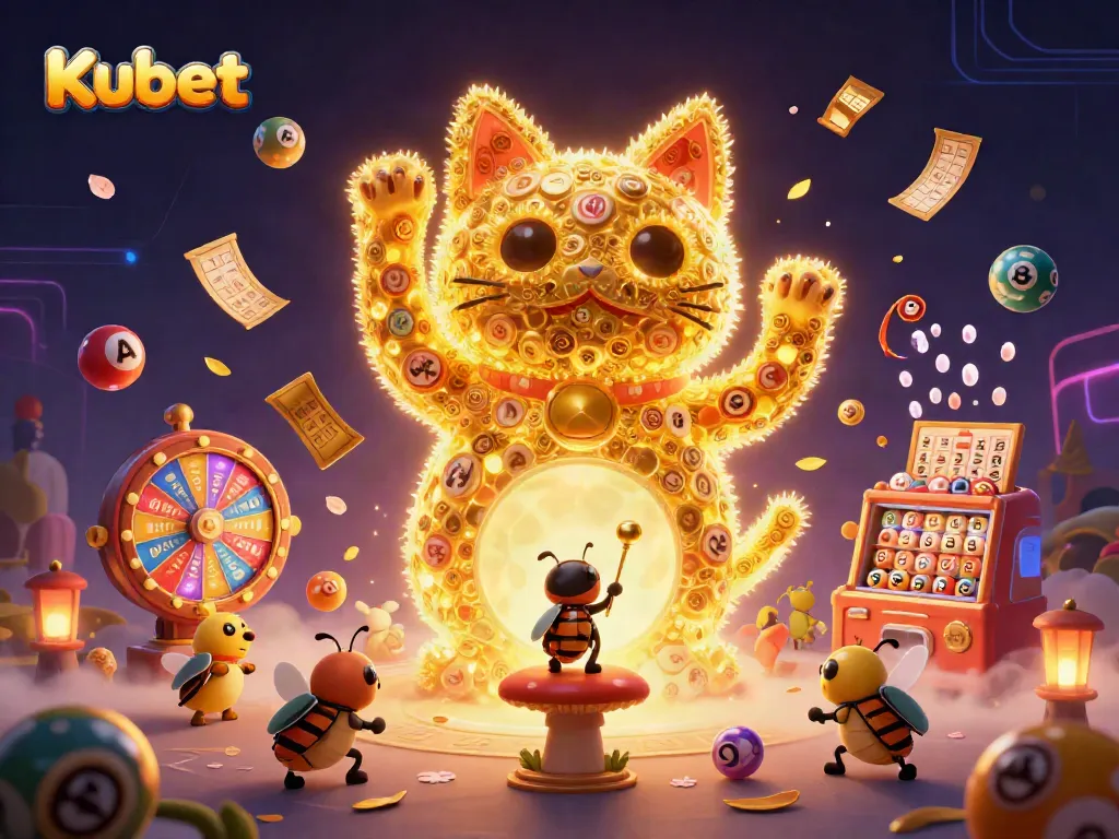 Kubet casino-themed illustration showcasing a lucky cat and vibrant game elements in a dynamic scene