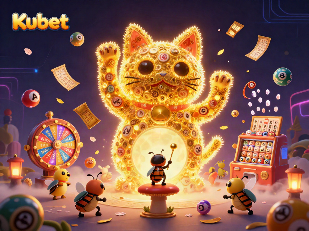 Kubet casino-themed illustration showcasing a lucky cat and vibrant game elements in a dynamic scene