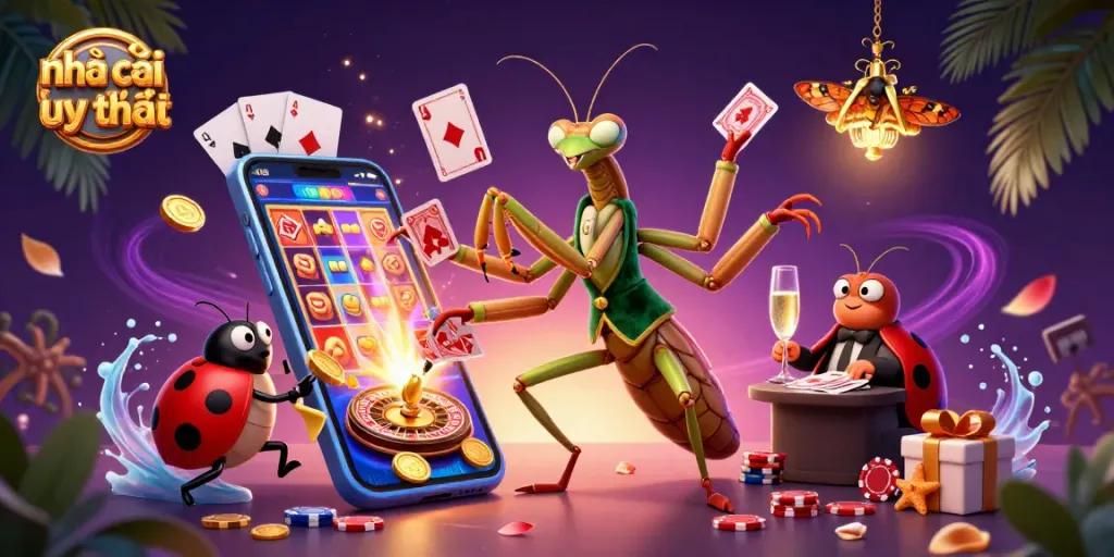 Bet big with nhà cái uy tín using strategic gaming elements in a vibrant casino scene.
