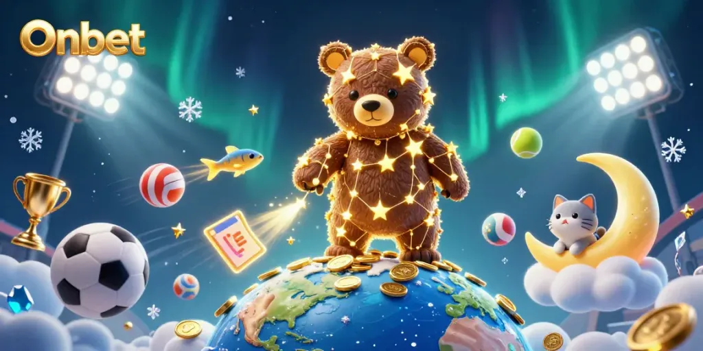 Experience winning with Onbet's vibrant casino universe featuring golden stars and dynamic sports elements.
