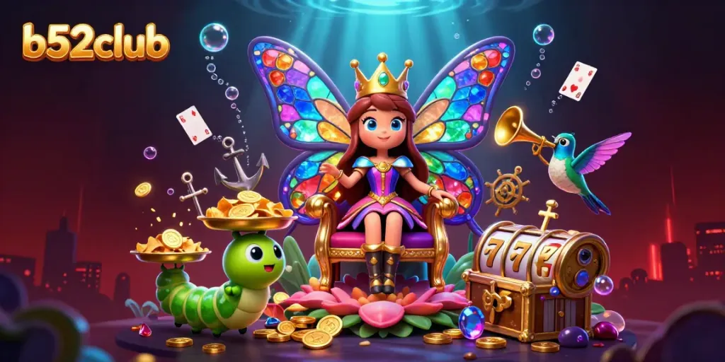 Engage in entertainment with b52club's vibrant 3D illustration of games, coins, and a magical queen.
