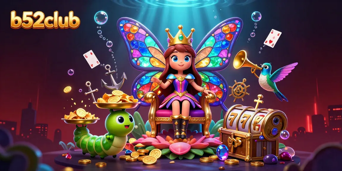 Engage in entertainment with b52club's vibrant 3D illustration of games, coins, and a magical queen.