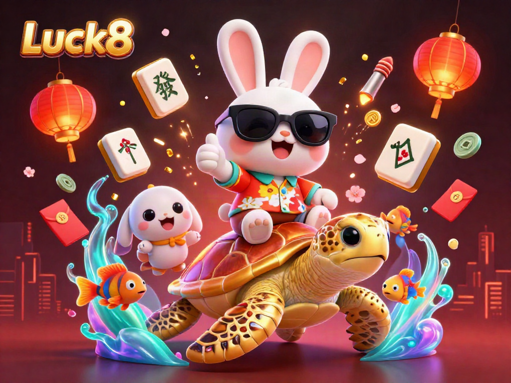 Luck8's lucky rabbit and golden turtle celebrate casino wins amidst colorful decorations and games.